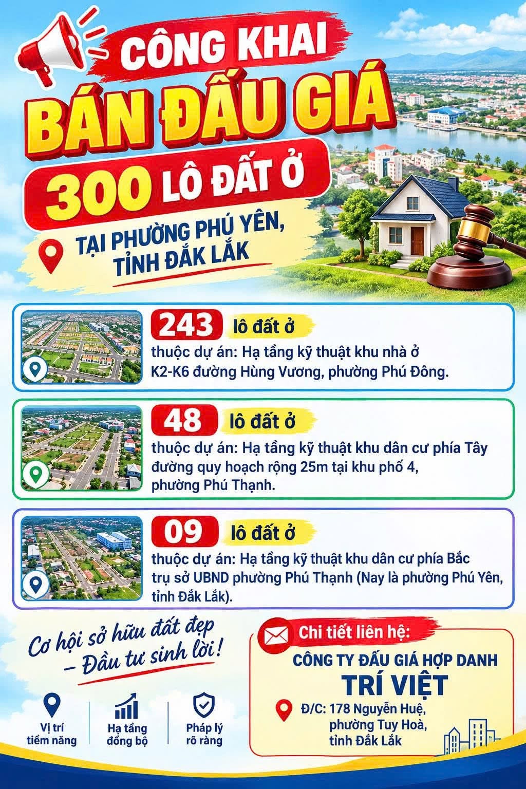 Thông báo bán đấu giá tài sản: 300 lô đất ở phường Phú Yên, tỉnh Đắk Lắk